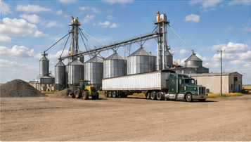 Grain elevator infrastructure with silos, conveyor framework, grain piles, and a parked green semi truck under a vivid blue sky.