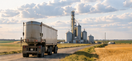 Grain-processing facility with silos and industrial towers under a blue cloudy sky.