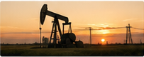 Oil pumpjack silhouetted against a glowing golden-orange sunset.