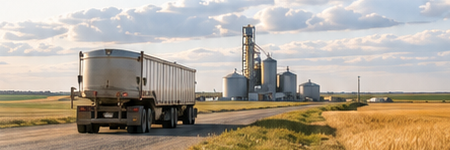 Rural Alberta road scene with a transport truck traveling beside grain fields and a distant grain elevator complex under a partly cloudy sky.