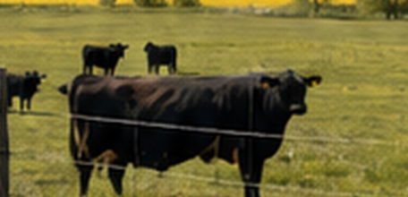 Group of black and brown cattle standing in a dry pasture, with low farm buildings on the horizon.