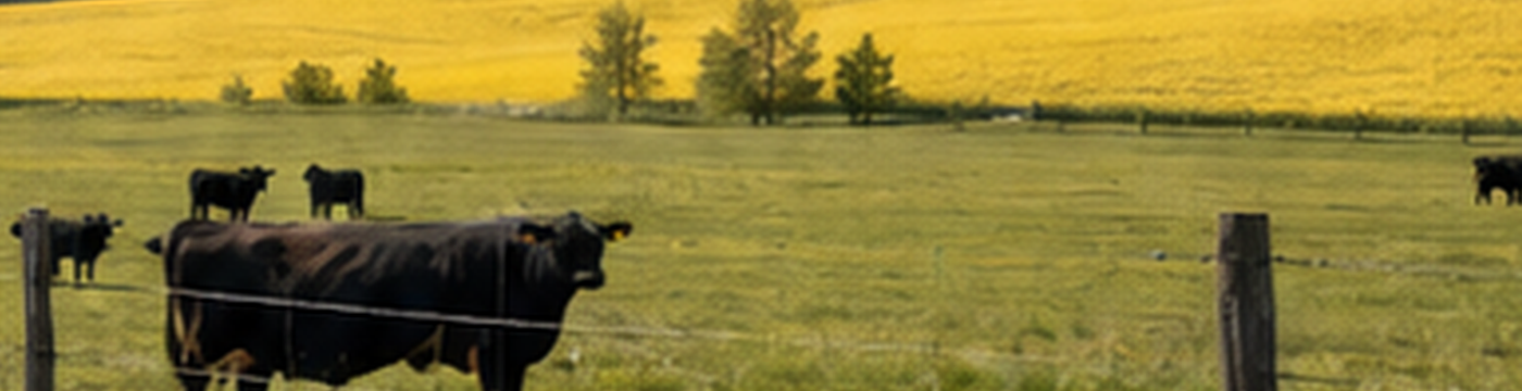 Black Angus cattle grazing in a green Alberta pasture below the Rocky Mountains.