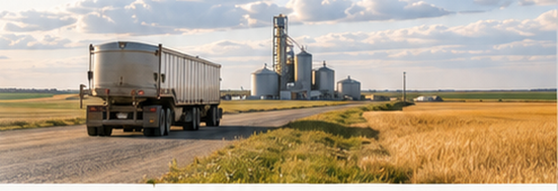 A loaded grain semi-truck on a rural highway passing grain elevators and a ripening wheat field.