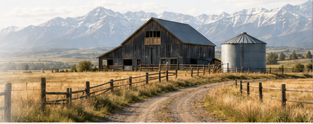 A weathered barn and grain bin beside a dirt road winding toward foothills and mountains.