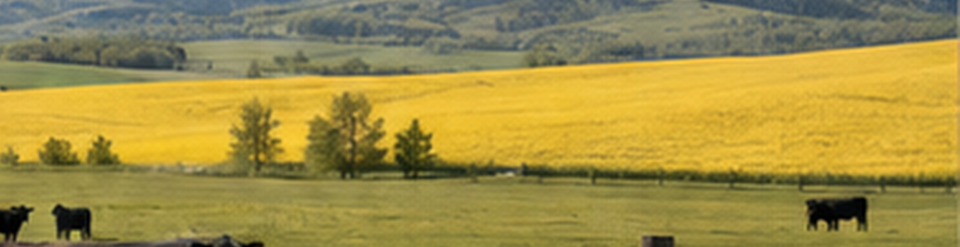 Lush irrigated Alberta farmland stretching toward the foothills under a bright sky.